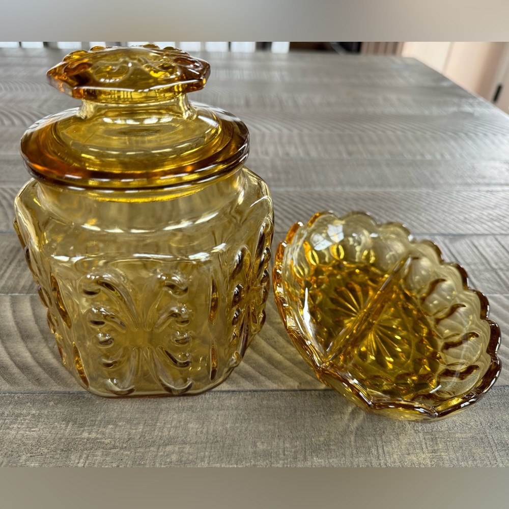 Vintage IMPERIAL GLASS Amber Canister Embossed Atterbury Scroll & Dish Set
